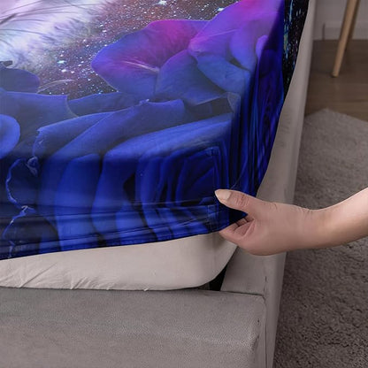 AILONEN Wolf Print Fitted Sheet Set Twin Size, Moon Galaxy Wolf Bed Sheet Set Twin,3 Pieces Twin Romantic Blue Rose Wolf Fitted Sheet with 2 Pillowcases