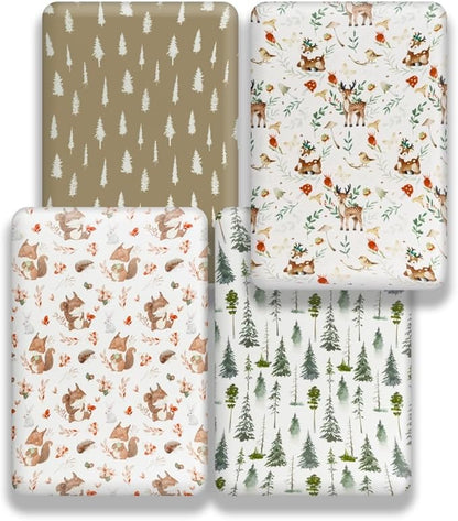 4 Pack N Play Sheets Woodland Forest Animals Wood Neutral Unisex Fitted Baby N Play Sheets Fitted for Standard Pack and Plays and Mini Cribs Set for Baby Boys or Girls (Beer)