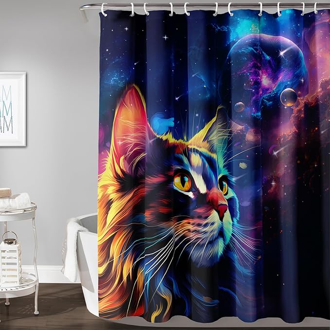 AILONEN Cat Shower Curtains for Kids,Galaxy Cat Curtains Gifts for Cat Lover,Animal Theme Bath Curtains for Bathroom Decor,60" W*72" H Polyester Waterproof with 12 Plastic Hooks