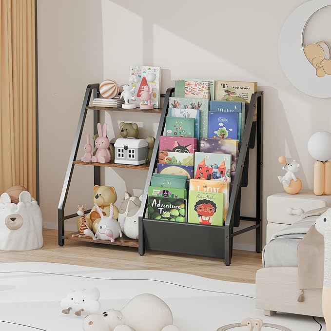 Kids Bookshelf and Toy Organizer, Book Shelf for Kids Rooms,2 in 1 Nursery Book Shelves, Toddler Bookshelf Montessori Bookshelf and Kids Book Shelf (Black)