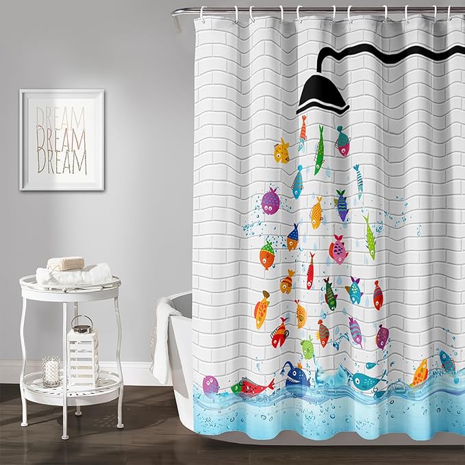 AILONEN Cute Fish Shower Curtain for Kids 72" W*72" H Inch,Raining Fish Playing Water Shower Curtains,12 Pack Hooks Polyester Waterproof Fabric Decor for Bathroom Bathtub Panels