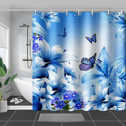 AILONEN Girls Butterfly Shower Curtain for Bathroom,Modern Botanical Floral Tulip Lily Flower Blue Butterfly Decor Bath Curtain 48" W*72" H Polyester Fabric Waterproof Bathroom Curtain with 12 Hooks
