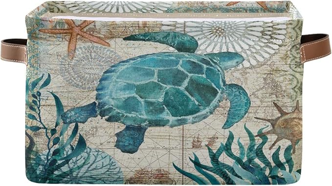 Sea Turtle Storage Basket Fabric Storage Bin Nautical theme Baskets Coastal Starfish Foldable Storage Boxes Organizer Bag for Baby Cloth Dog Toy Book Storage Cubes Shelf Closet Basket 16×12×8 Inches