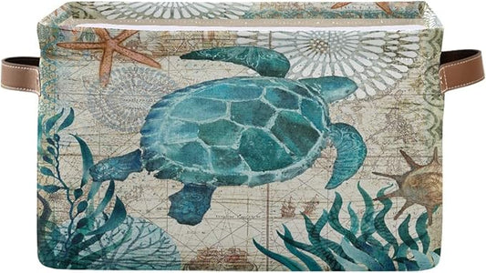 Sea Turtle Storage Basket Fabric Storage Bin Nautical theme Baskets Coastal Starfish Foldable Storage Boxes Organizer Bag for Baby Cloth Dog Toy Book Storage Cubes Shelf Closet Basket 16×12×8 Inches