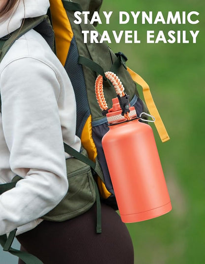 Half Gallon Water Bottle 64 oz with Straw - 1/2 Gallon Water Bottle with Paracord Handle, Bottle Sleeve with Strap, Keep Cold 48H & Hot 24H, Stainless Steel Half Gallon Water Jug for Sports Gym Work