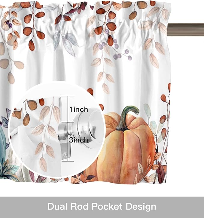 Fall Thanksgiving Kitchen Curtains Valances for Windows Watercolor Autumn Pumpkins Eucalyptus Leaves Rod Pocket Window Treatment for Kitchen /Living Room/Bedroom/ Bathroom,42" X 12", Blue Orange
