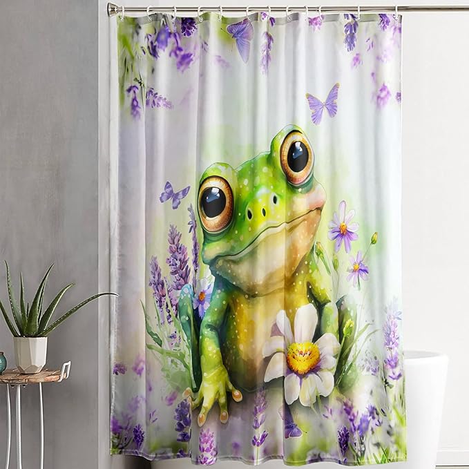 AILONEN Cartoon Frog Shower Curtain, Cute Green Frog Shower Curtain Set with Hooks for Kids Boys Girls,Purple Flowers Tropical Amphibian Waterproof Fabric Shower Curtain for Bathroom,72" W*78" H