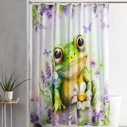 AILONEN Cartoon Frog Shower Curtain, Cute Green Frog Shower Curtain Set with Hooks for Kids Boys Girls,Purple Flowers Tropical Amphibian Waterproof Fabric Shower Curtain for Bathroom,48" W*72" H