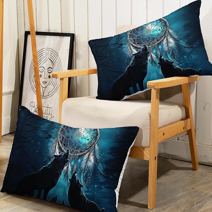 AILONEN Howling Wolf Fitted Sheet Set Twin Size, 3 Pieces Teen Boys Bedding Set Safari Animal Themed Sheet Set,Dreamcatcher Bed Sheet Set Evening Forest Wolf Fitted Sheet with 2 Pillowcases