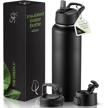 SipX™ Triple-Insulated Stainless Steel Water Bottle 40oz. With 3 Lids, BPA-Free Reusable Insulated Water Bottle Keeps Cold 24 Hours, Metal Water Bottle Made Of Sustainable Material For Hiking & Biking