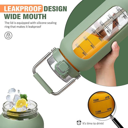 kytffu 64 oz Glass Water Bottle with Straw and Stainless Steel Handle, Half Gallon Water Bottle with Silicone Sleeve and Time Marker, 2L Large Glass Bottle for Gym, School, Travel, Leak-proof (olive)