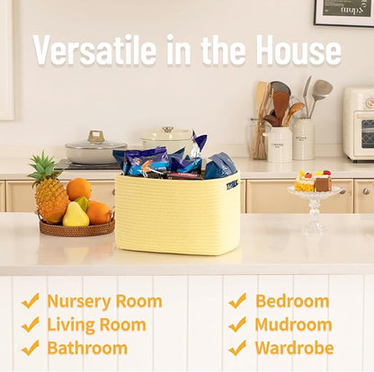 4 Pack Storage Baskets for Organizing Toys, Towels, and Clothes, Woven Basket for Shelves, Durable Nursery Cube Bins for Storage, 13''L x9''W x7.8''H, Yellow