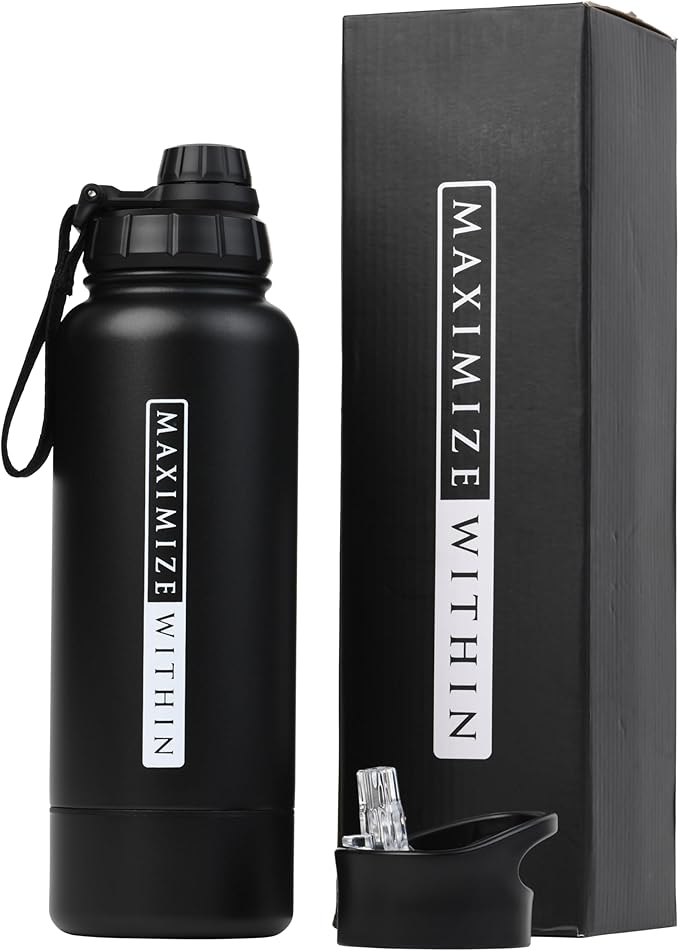 Double Wall Stainless Steel Water bottle with Dual lids (Straw & Spout) Hidden Compartment, Vacuum Insulated, Reusable. Black. 32 oz