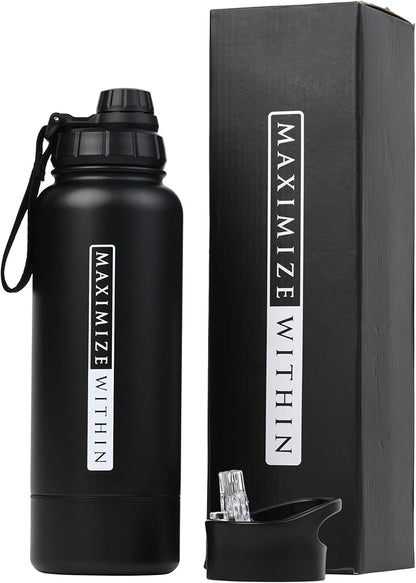 Double Wall Stainless Steel Water bottle with Dual lids (Straw & Spout) Hidden Compartment, Vacuum Insulated, Reusable. Black. 32 oz