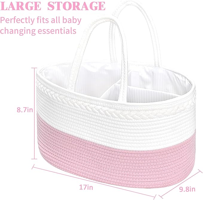 ABenkle X-Large Baby Diaper Caddy, Nursery Storage Bin and Car Organizer for Diapers Wipes, Cotton Rope Basket Changing Table Caddy, Pink