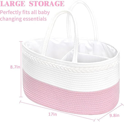 ABenkle X-Large Baby Diaper Caddy, Nursery Storage Bin and Car Organizer for Diapers Wipes, Cotton Rope Basket Changing Table Caddy, Pink