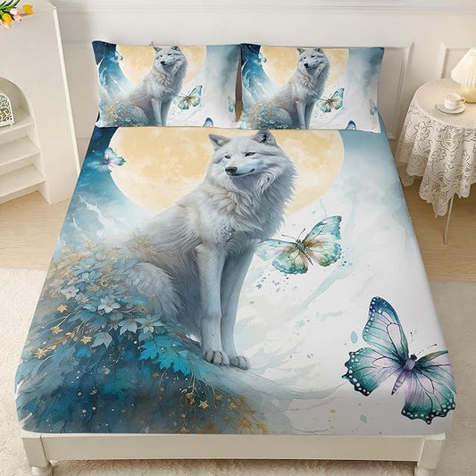 AILONEN Wolf Fitted Sheet Set Queen Size, Blue Tie Dye Wolf Bed Sheet Set Decor,3 Pieces Moon Wolf Sheet Set,Modern Watercolor Wolf and Butterfly Fitted Sheet with 2 Pillowcases