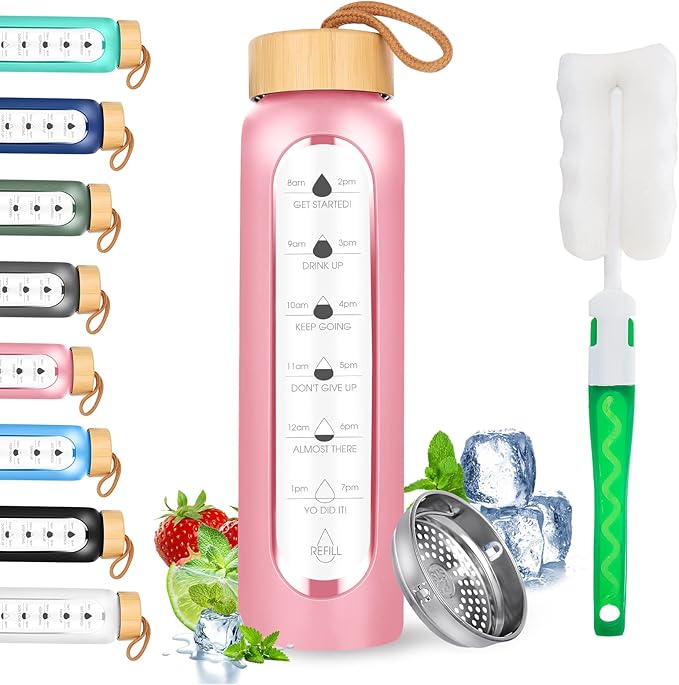 32 Oz Borosilicate Glass Water Bottle with Times to Drink | BPA Free - Reusable Wide Mouth Glass Motivational Water Bottles with Infuser & Silicone Sleeve (pink)