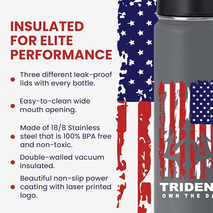 American Flag Water Bottle, 21 oz Insulated Water Bottle, Reusable Water Bottle with Straw, Leak Proof Water Bottles, Thermos Water Bottle - Retired Navy Combat Vet Small Business (Gray, 21 Oz)