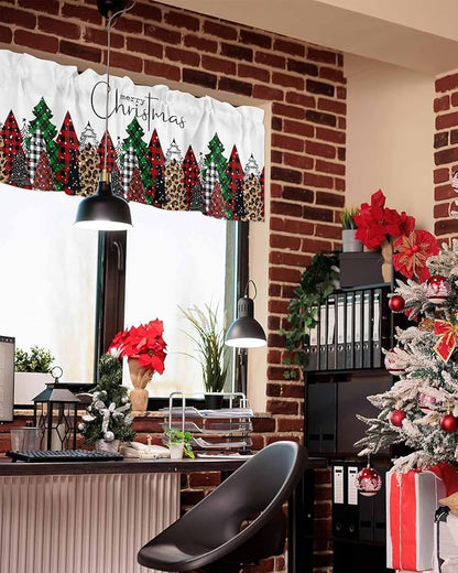 Merry Christmas Valance Curtains for Kitchen Windows Buffalo Plaid Xmas Tree Winter Forest Farmhouse Rod Pocket Window Treatment Toppers for Kitchen/Living Room/Bedroom/Bathroom, 54" X 18",Red Green