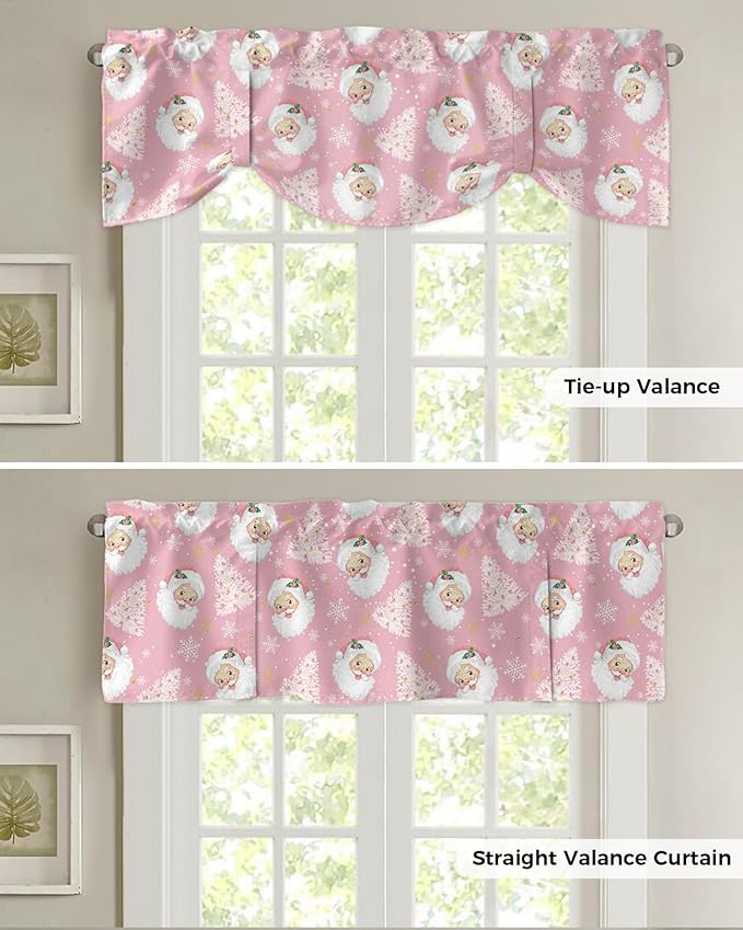Pink Christmas Blackout Tie Up Valance Curtains for Kitchen Windows Santa Claus Merry Christmas Tree Window Toppers Balloon Shades for Living Room/Bathroom/Bedroom,1 Panel, 60" X 18", Winter Snowflake