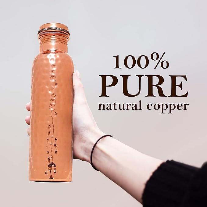 Eunoia Copper Water Bottle with Lid 32 oz, Handmade Ayurvedic Copper Bottle Water Vessel, Gym Water Bottle for Sports Exercise Yoga Fitness, Hammered Natural
