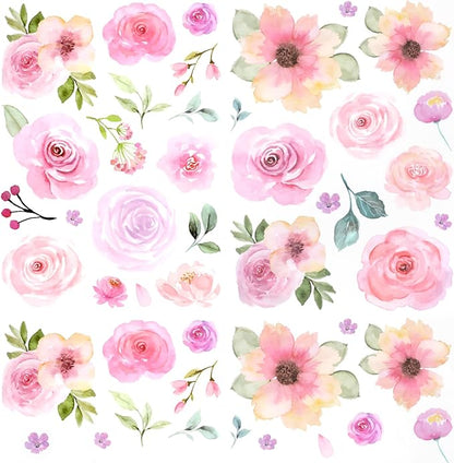 60pcs Pink Flower Wall Sticker Watercolor PVC Peel and Stick Wall Decals Cute Peony Floral and Leaves Pastel Flower Decor for Kids Bedroom Living Room Baby Nursery Kindergarten