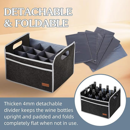 12 Bottle Wine Carrier, Thicken Felt Wine Carry Case Collapsible Wine Bottle Storage Box Liquor Bottle Tote with Handles for Travel, Party, Picnic (Dark Gray)