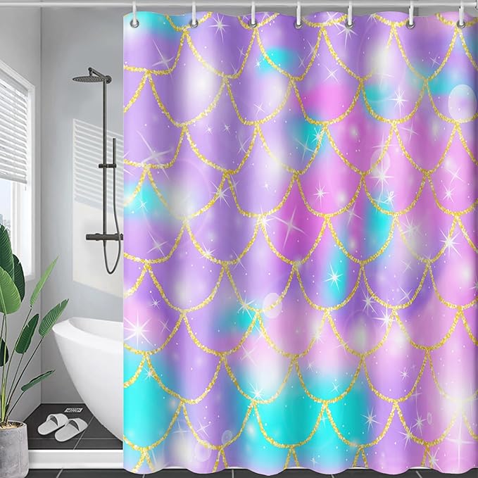 AILONEN Mermaid Scale Shower Curtain,Purple Mermaid Scale Bath Curtain for Girls Bathroom,Polyester Waterproof for Shower with 12 Plastic Hooks 72" W*84" H