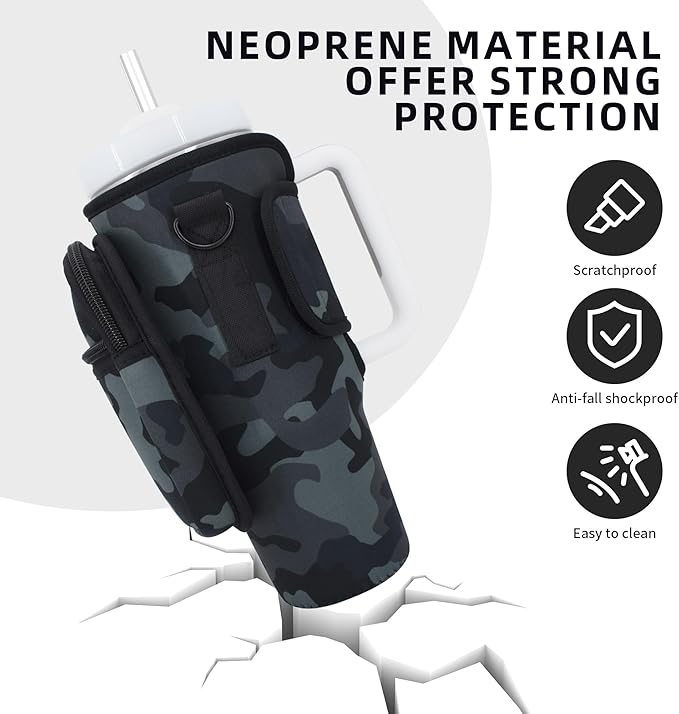 Water Bottle Carrier Bag with Phone Pocket for Stanley 40 oz Tumbler Neoprene Water Bottle Holder Pouch with Adjustable Strap Bollus with Straw Cover & Carabiner for Stanley Cup Accessories