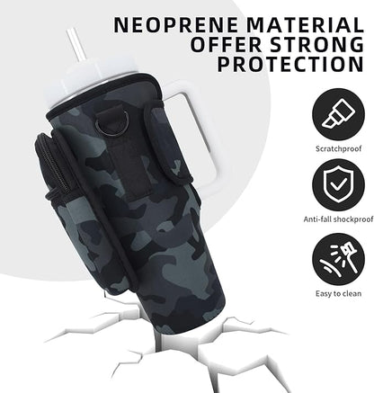 Water Bottle Carrier Bag with Phone Pocket for Stanley 40 oz Tumbler Neoprene Water Bottle Holder Pouch with Adjustable Strap Bollus with Straw Cover & Carabiner for Stanley Cup Accessories