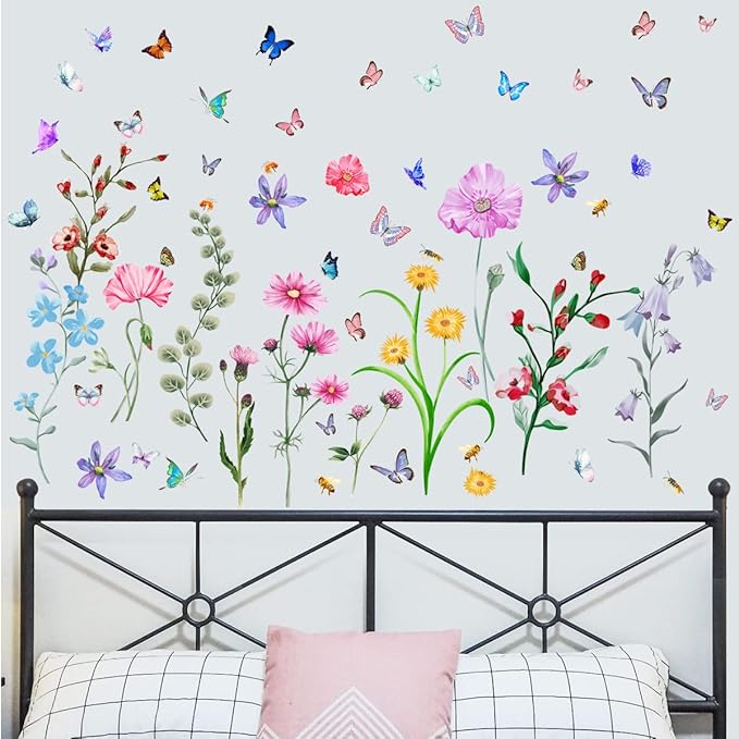 Large Flower Wall Decals,Vinyl Butterfly Wildflower Wall Stickers, Removable Wall Murals Peel and Stick Floral Wall Art Decor Wallpaper for Living Room Bedroom Kitchen Office