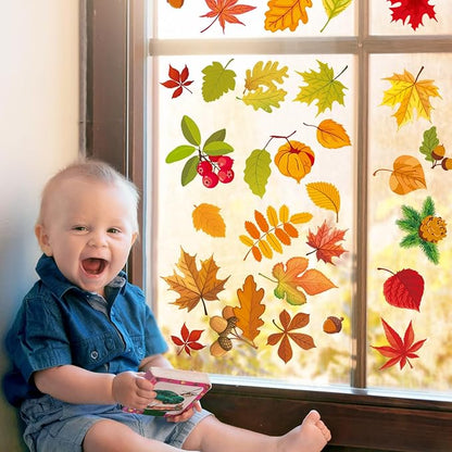 Fall Maple Leaf Window Clings for Glass Windows Autumn Window Static Stickers Double-Sided Leaves Cone Hazelnut Window Door Cling Removable Reusable Stickers Thanksgiving Window Door Decoration