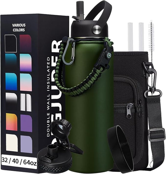 40OZ Water Bottle Stainless Steel - Cold-48H & Hot-24H Vacuum Insulated Water Bottle with Straw & Chug Lid, Strap Carrying Pouch, Paracord Handle & Flask Boot, Thermo Hydro Bottle for Hiking Cycling