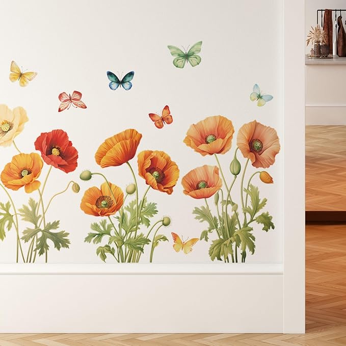 Poppies Wall Stickers for Kids Bedroom -Butterfly Flowers Wall Decals for Girls Room,Classroom,Nursery, Playroom- Removable DIY Peel and Stick Wall Art Decor