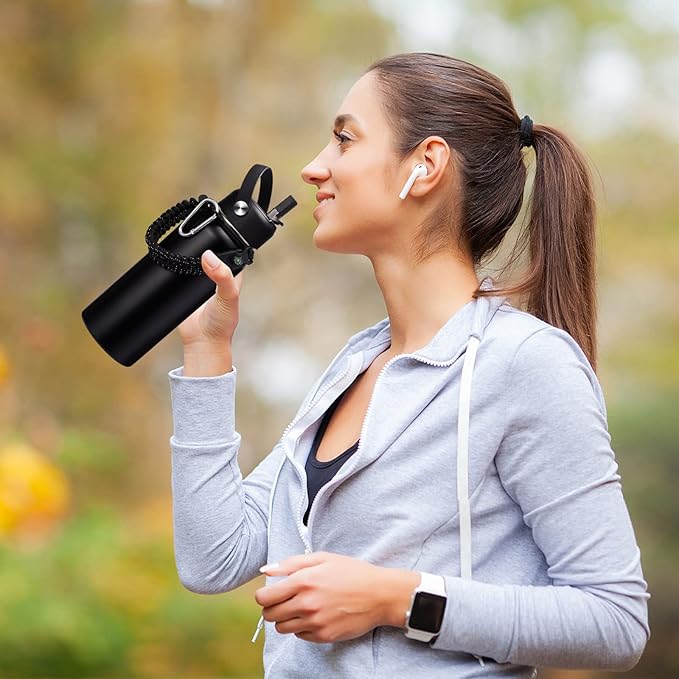 32oz Insulated Water Bottles - with Straw Spout Lid, Bottle Holder Strap Sleeve, Survival Paracord Handle, Protective Cup Mat, Sweat-Proof Water Bottle, Metal Thermo Flask for Sports Workout