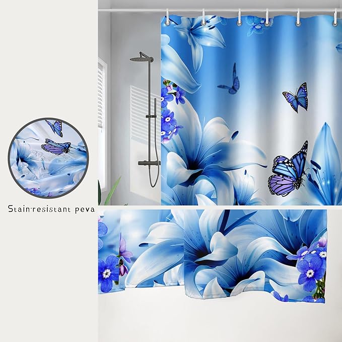 AILONEN Girls Butterfly Shower Curtain for Bathroom,Modern Botanical Floral Tulip Lily Flower Blue Butterfly Decor Bath Curtain 36" W*72" H Polyester Fabric Waterproof Bathroom Curtain with 12 Hooks