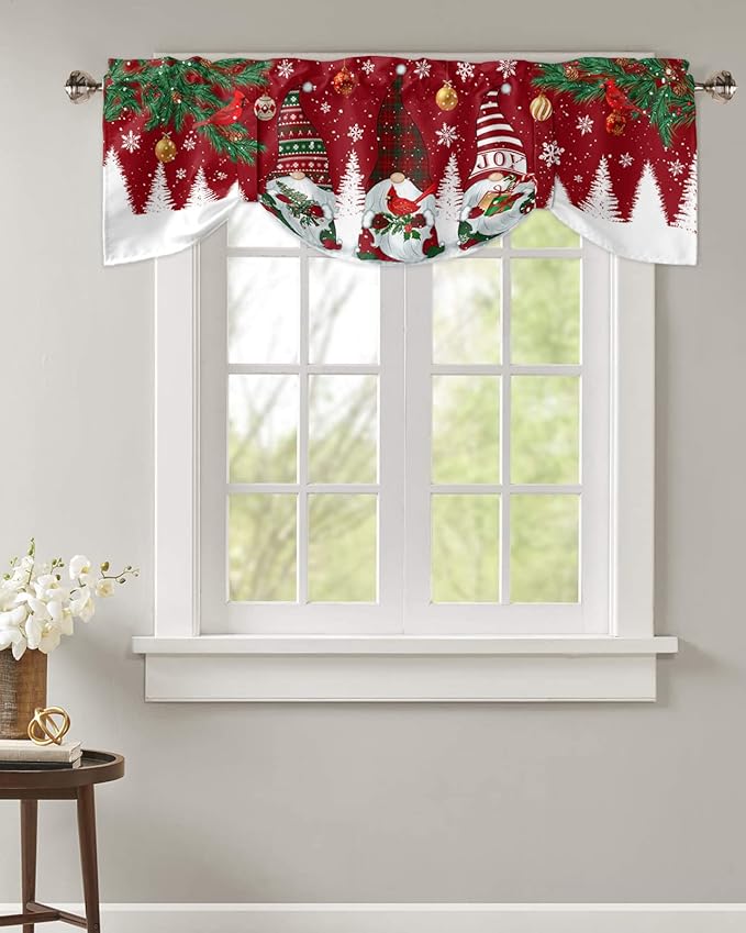 Christmas Gnomes Blackout Tie Up Valance Curtains for Kitchen Windows Red Winter Holidays Window Toppers Balloon Shades for Living Room/Bathroom/Bedroom,1 Panel,42" X 12" White Snowflakes Xmas Trees