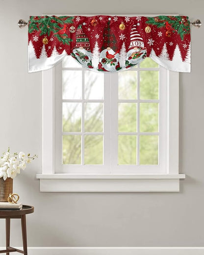 Christmas Gnomes Blackout Tie Up Valance Curtains for Kitchen Windows Red Winter Holidays Window Toppers Balloon Shades for Living Room/Bathroom/Bedroom,1 Panel,42" X 12" White Snowflakes Xmas Trees
