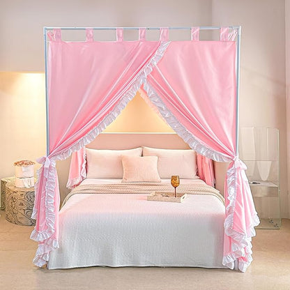 AIKASY Peach Pink Canopy Bed Curtains with Top Ties and Tie Backs for Bedroom Decoration - King Size Bed Curtains with Windproof and Lightproof Features
