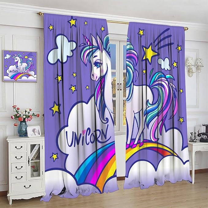 Kids Unicorn Curtains Purple Cartoon Rainbow Cartoon Room Blackout Curtains Boys Girls Baby Room Decor Curtains Living Room Decor 63x63 Inch 2 Panels