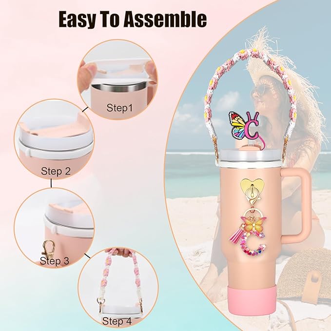 Stanley Cup Accessories Include Silicone Stanley Straw Cover, Butterfly Letter KeyChain Charms, Water Bottle Handle Strap, Boot and Chain for Stanley Cup 30oz 40oz Tumbler