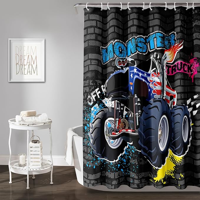 AILONEN Monster Truck Shower Curtain, Black Retro 3D Printed Truck Bath Curtain for Boys,Red Blue Truck Car Bathroom Decor Waterproof Fabric 72" W*96" H Inch with 12 Plastic Hooks