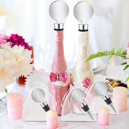 24 Sets Wine Stopper for Wine Bottles Wedding Wine Stopper Champagne Bottle Stoppers Beverage Bottle Stoppers with White Sheer Organza Bags Wedding Party Favor for Guests (Silver)