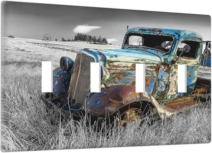 Vintage Country Old Blue Truck Quad Toggle Light Switch Cover Decorative Rustic Automobile 4 Gang Wall Plate Electrical Faceplate Switchplate for Farmhouse Bathroom Bedroom Living Room Decor
