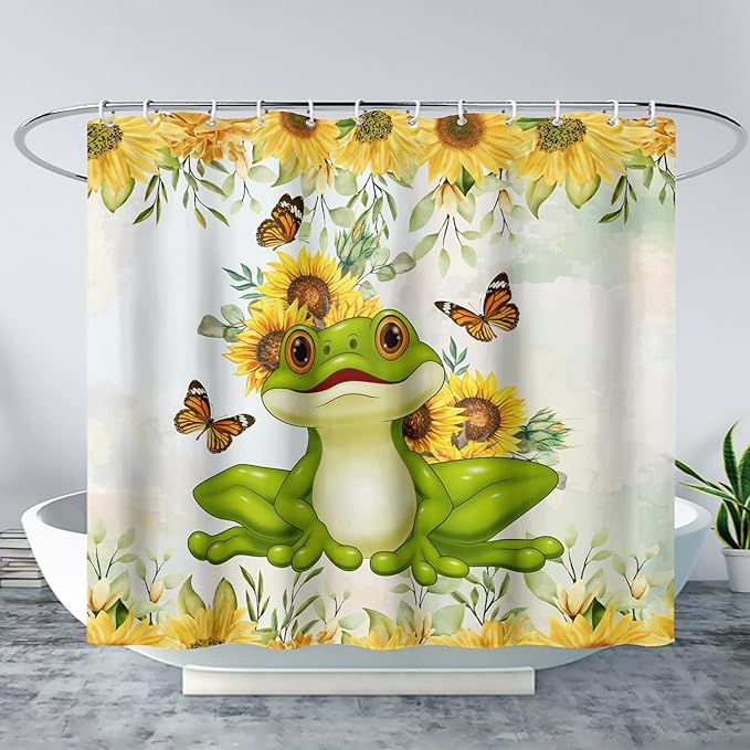 AILONEN Cartoon Frog Shower Curtain Yellow Sunflower Shower Curtain 72" W*84" H,Wildlife Frog Modern Botanical Floral 3D Printed Animal Bathroom Decor Shower Curtain with 12 Hooks