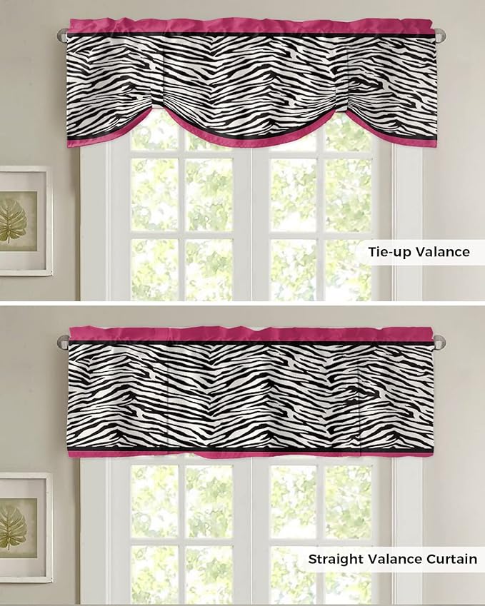 Animal Zebra Print Blackout Tie Up Valance Curtains for Kitchen Windows Black White Pink Window Toppers Balloon Shades for Living Room/Bathroom/Bedroom,1 Panel,54" X 18"
