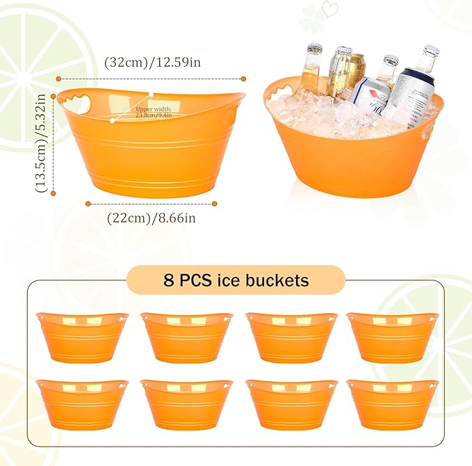 8Pcs Ice Bucket, Plastic Ice Buckets for Parties, Drink Buckets with Handles Beverage Buckets Oval Storage Plastic Tub for Wine Beer Champagne Bottles, 4.3Liter (set-4-orange)