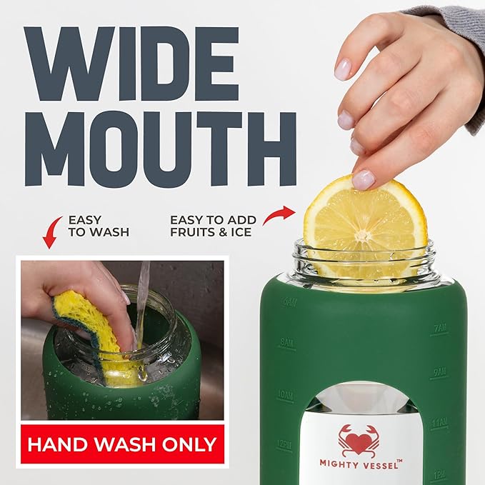 64oz Glass Water Bottle | Green Water Bottle with Straw & Time Marker | Half Gallon Water Bottle with Measurements & Silicone Sleeve | Suitable for Travel, Gym, Sports & Daily Intake