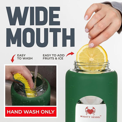 64oz Glass Water Bottle | Green Water Bottle with Straw & Time Marker | Half Gallon Water Bottle with Measurements & Silicone Sleeve | Suitable for Travel, Gym, Sports & Daily Intake